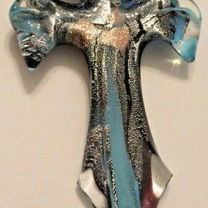 Glass Cross Pendant Iridescent Gold Silver Blue